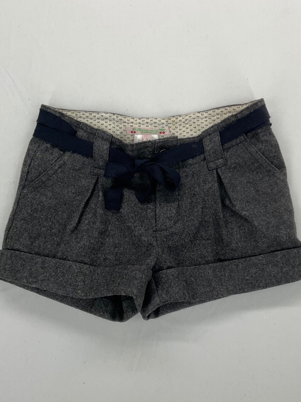Bonpoint Girls Wool Cashmere Cuffed Shorts Grey Navy Ribbon Belt Holiday Size 6